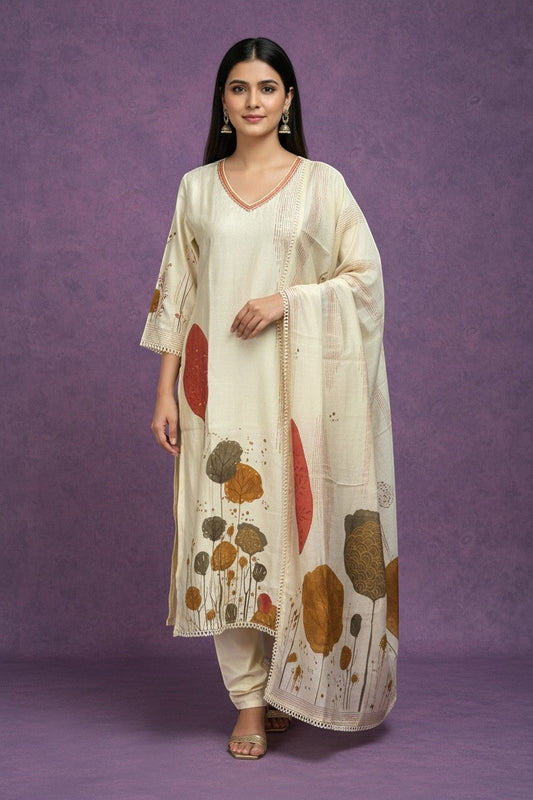 Botanical Print Kurta Set With Dupatta