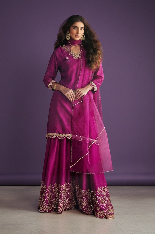 Embroidered Silk Kurti With Sharara Pants