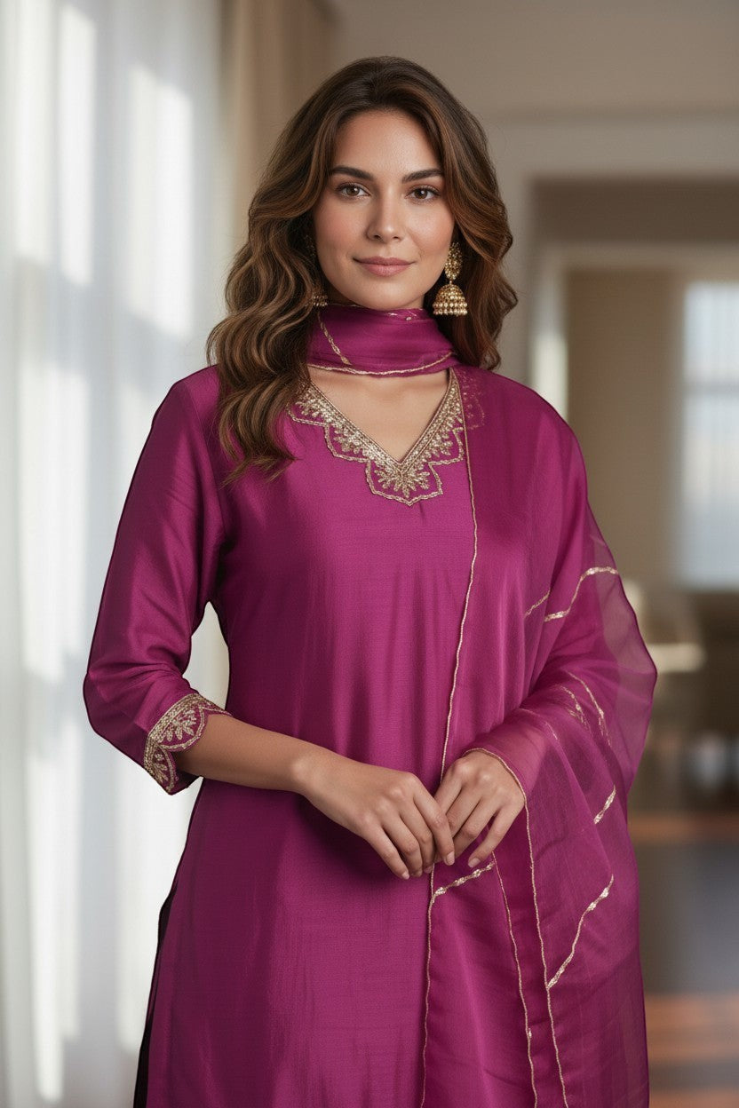 Embroidered Silk Kurti With Sharara Pants