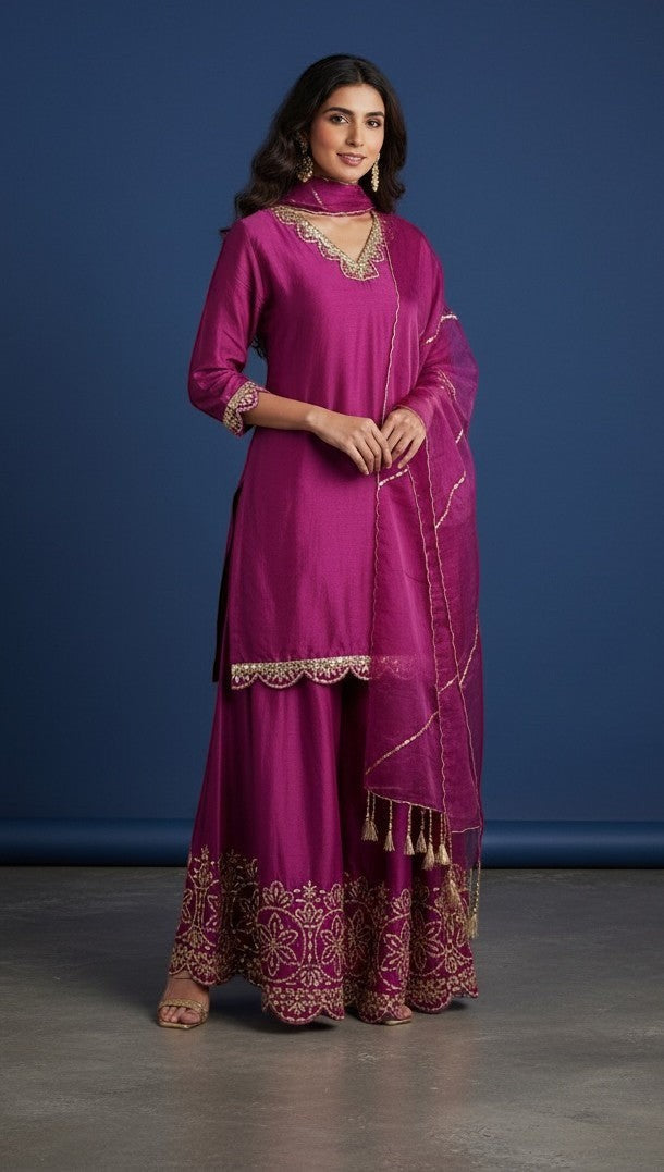 Embroidered Silk Kurti With Sharara Pants
