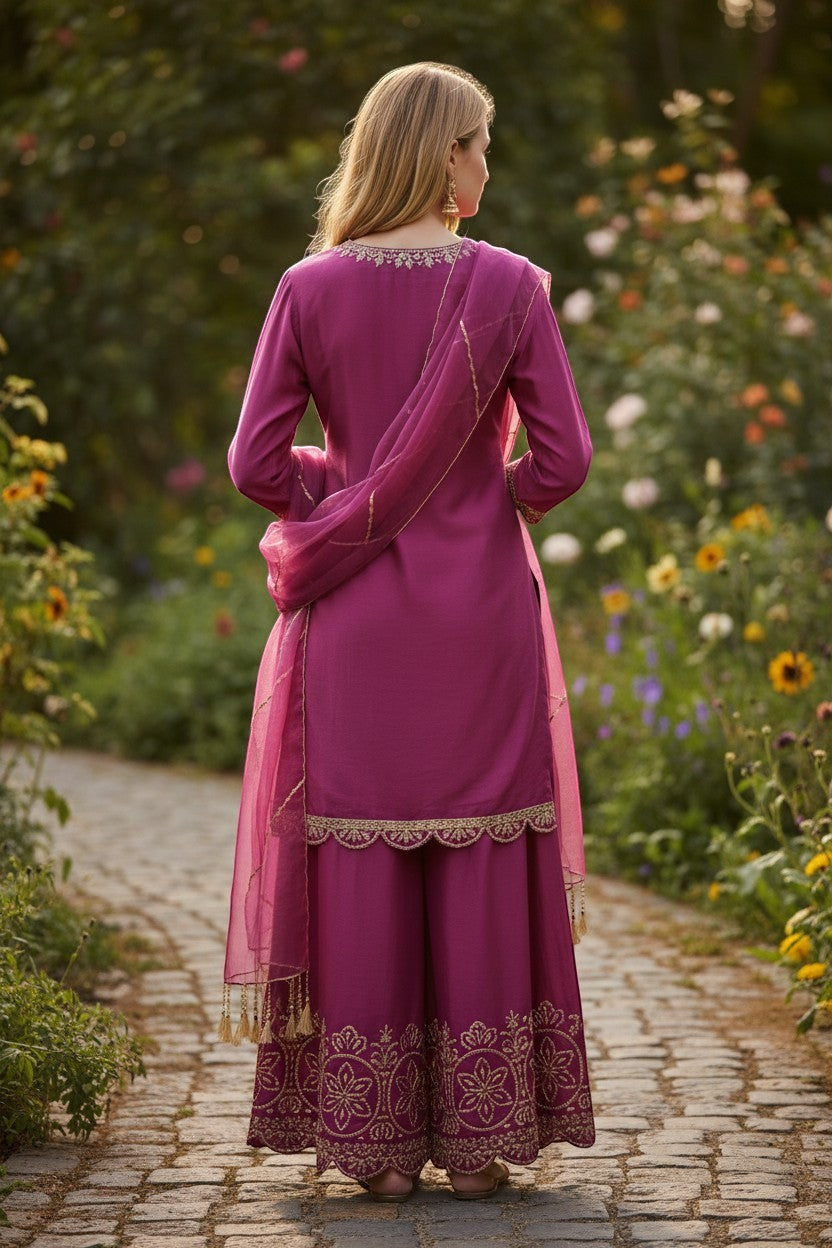 Embroidered Silk Kurti With Sharara Pants