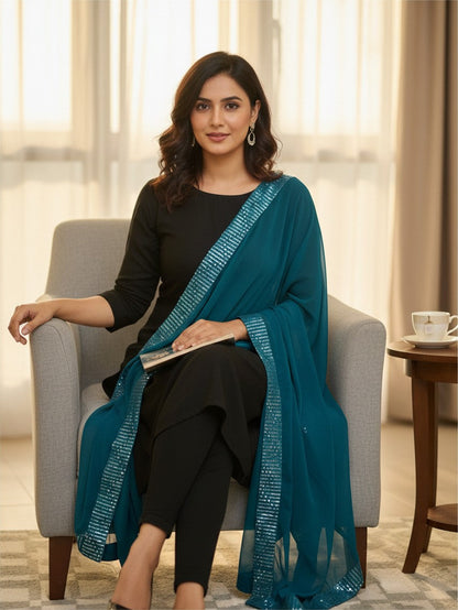 Peacock blue dupatta with sequin border
