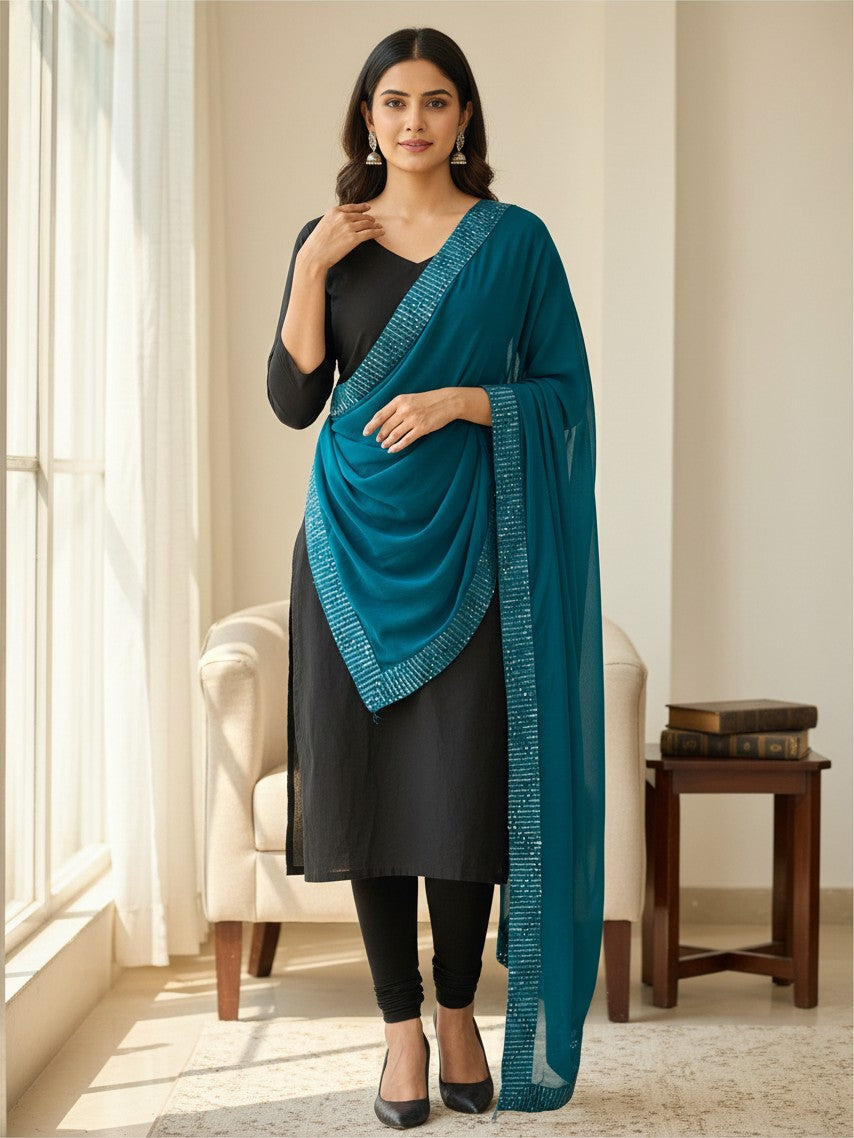 Peacock blue dupatta with sequin border