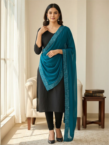 Peacock blue dupatta with sequin border