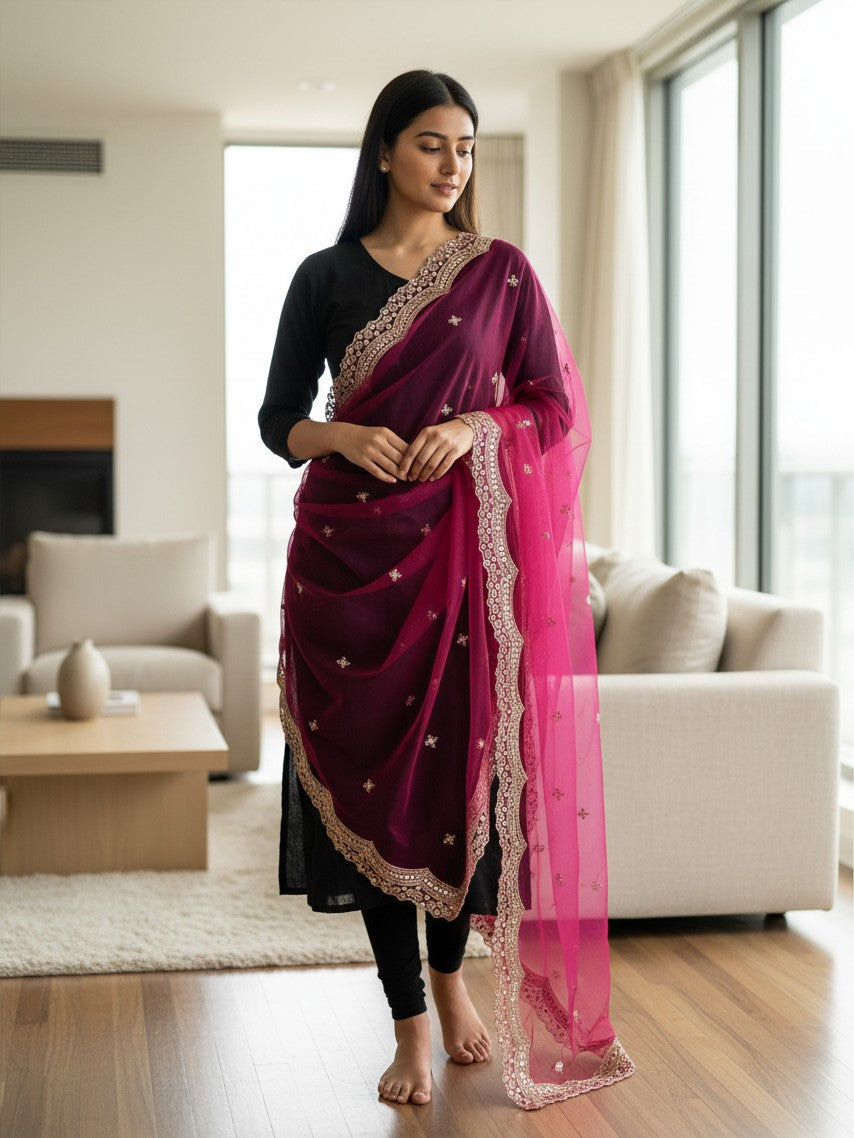 Mirror work dupatta: dark pink