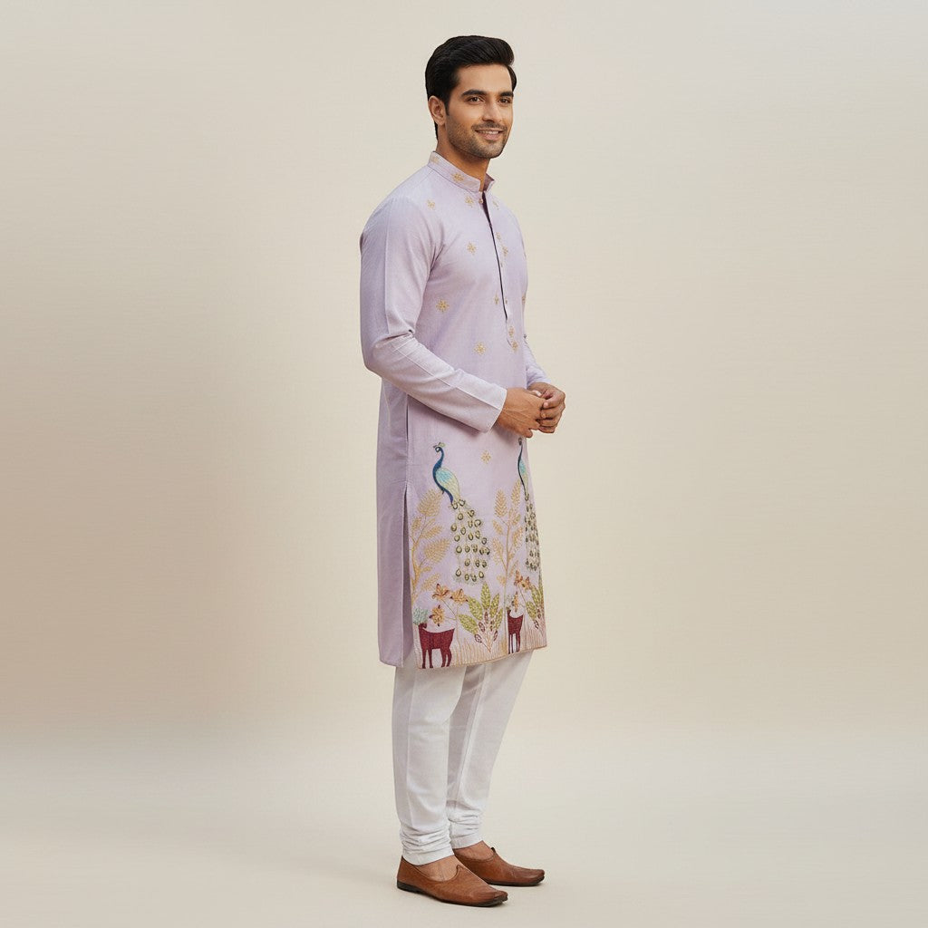 Embroidered Peacock And Deer Kurta Set