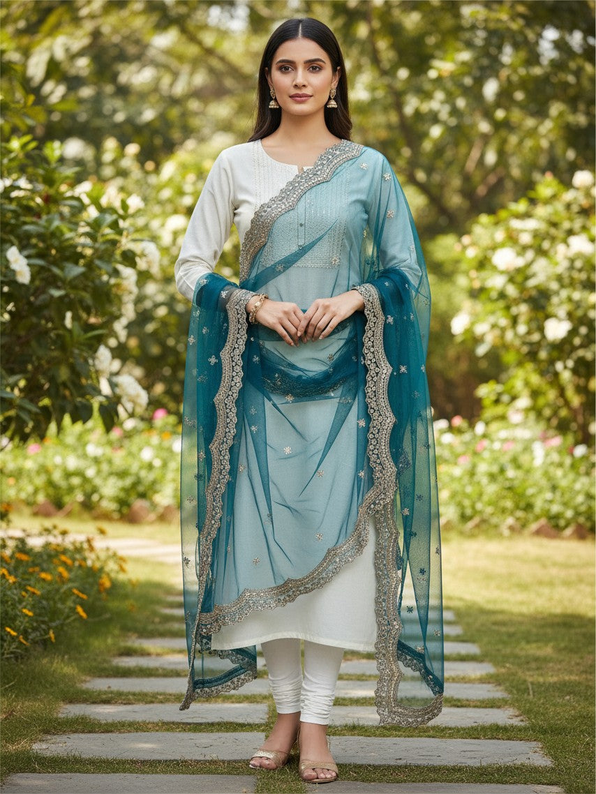 Teal blue mirror work duppata
