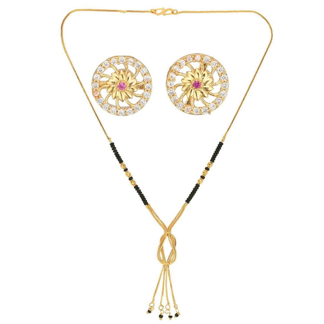 AanyaCentric Gold-Polished Short Mangalsutra Set with Earrings