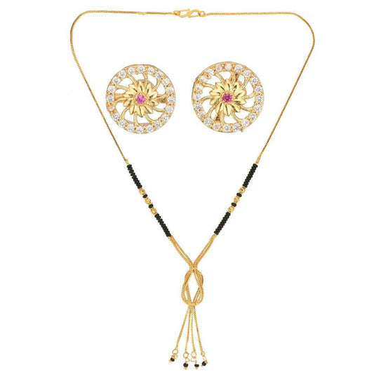 AanyaCentric Gold-Polished Short Mangalsutra Set with Earrings