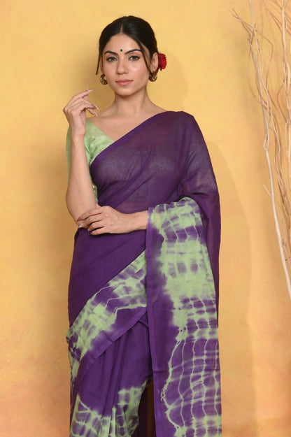 Very Much Indian Tie & Dye Handloom Mul Cotton Saree - Blue Green