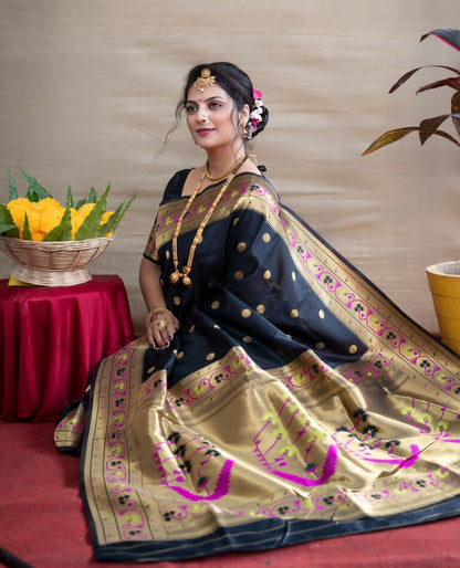 Jyoti Fashion Women's Black Paithani Silk Zari Woven Saree with Blouse