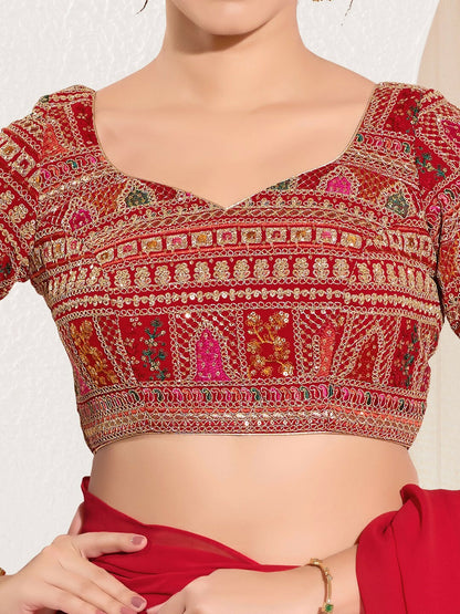 Joban Fashion Red Brocade Padded Blouse With Sweetheart Neck Elbow Sleeves
