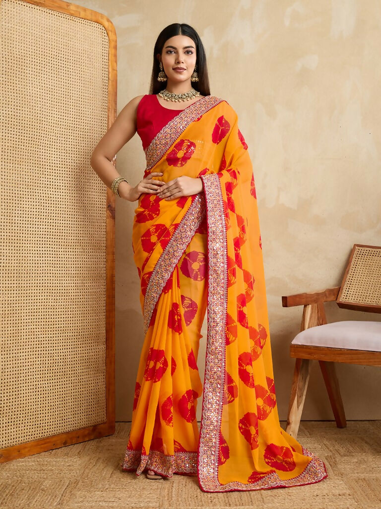 Yellow Georgette Printed Designer, Embroidery Work Lace Border Saree - Aarvi