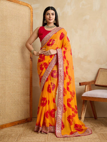 Yellow Georgette Printed Designer, Embroidery Work Lace Border Saree - Aarvi