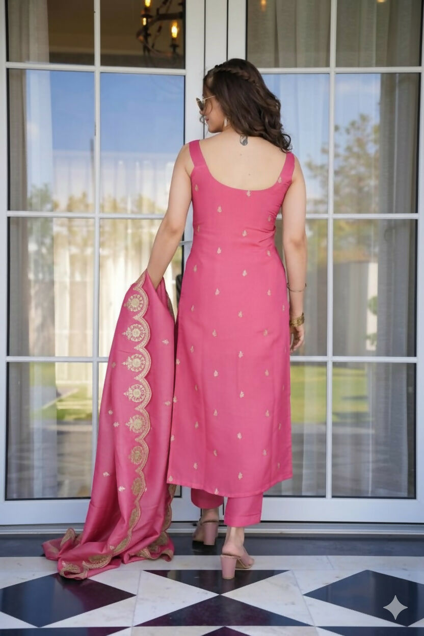 The52 Peach Women's Viscose Zari Chanderi Fabric Embroidered Work Straight Kurta, Pant and Dupatta Set