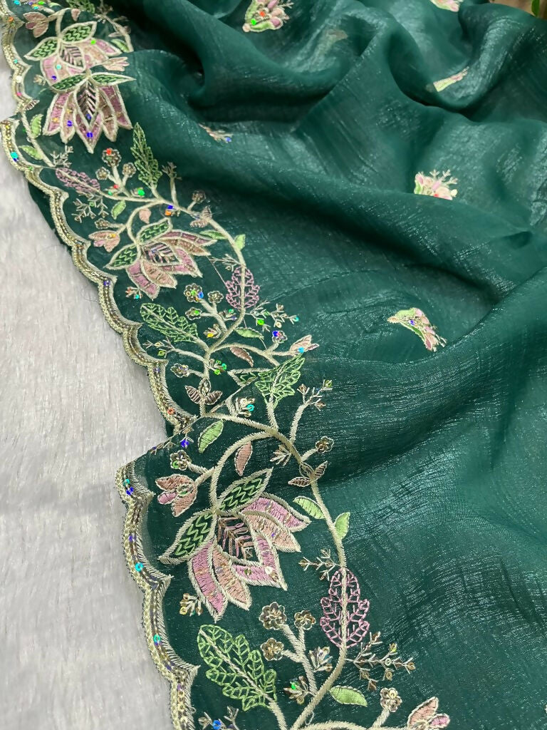 Vastranavya Gold Crunchy Multi Colour Threads Embroidery Work with Sequins Work Saree with Blouse material - Green