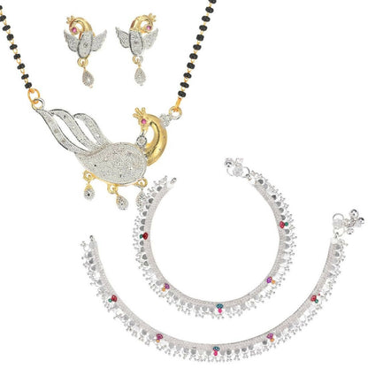 AanyaCentric Gold-Polished Mangalsutra Pendant Earring Set & Silver Plated Anklet