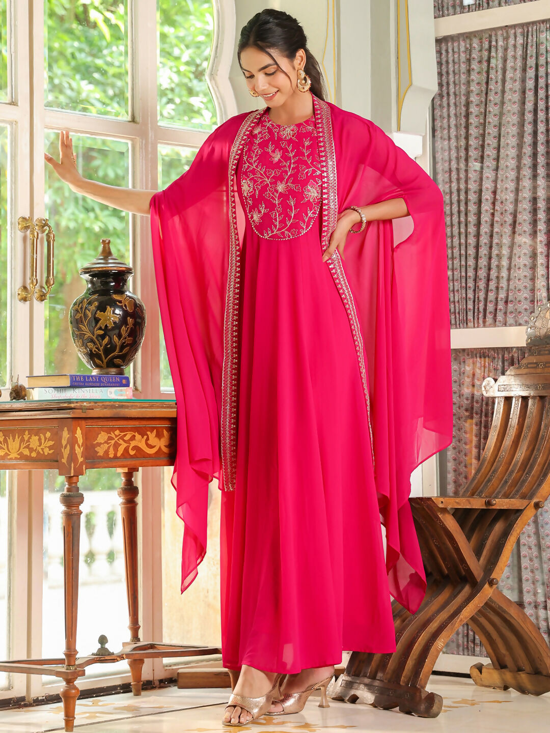 Janasya Pink Georgette Embroidered Dress & Cape