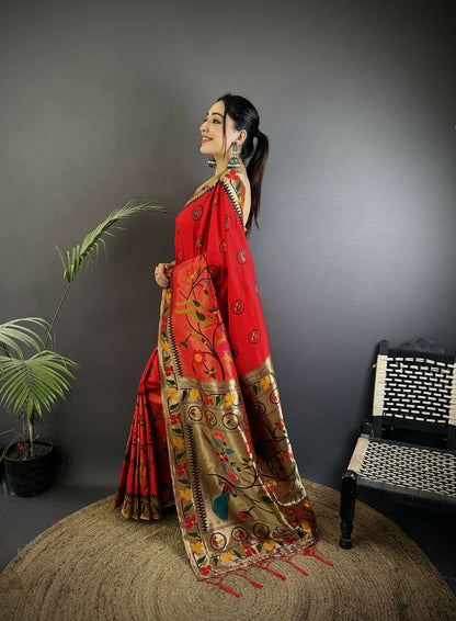 Joban Fashion Red Paithani Soft Silk Meenakari Saree