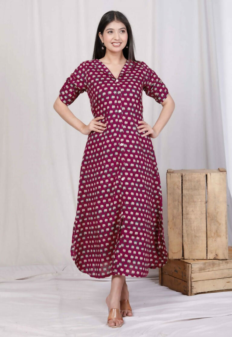 Miravan Women's Relaxed Fit Red Floral Printed A-Line Pure Cotton Midi Dress