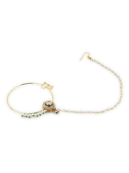 Gold-Polished White Green Kundan-Studded Pearl Beaded Nosepin - Ruby Raang