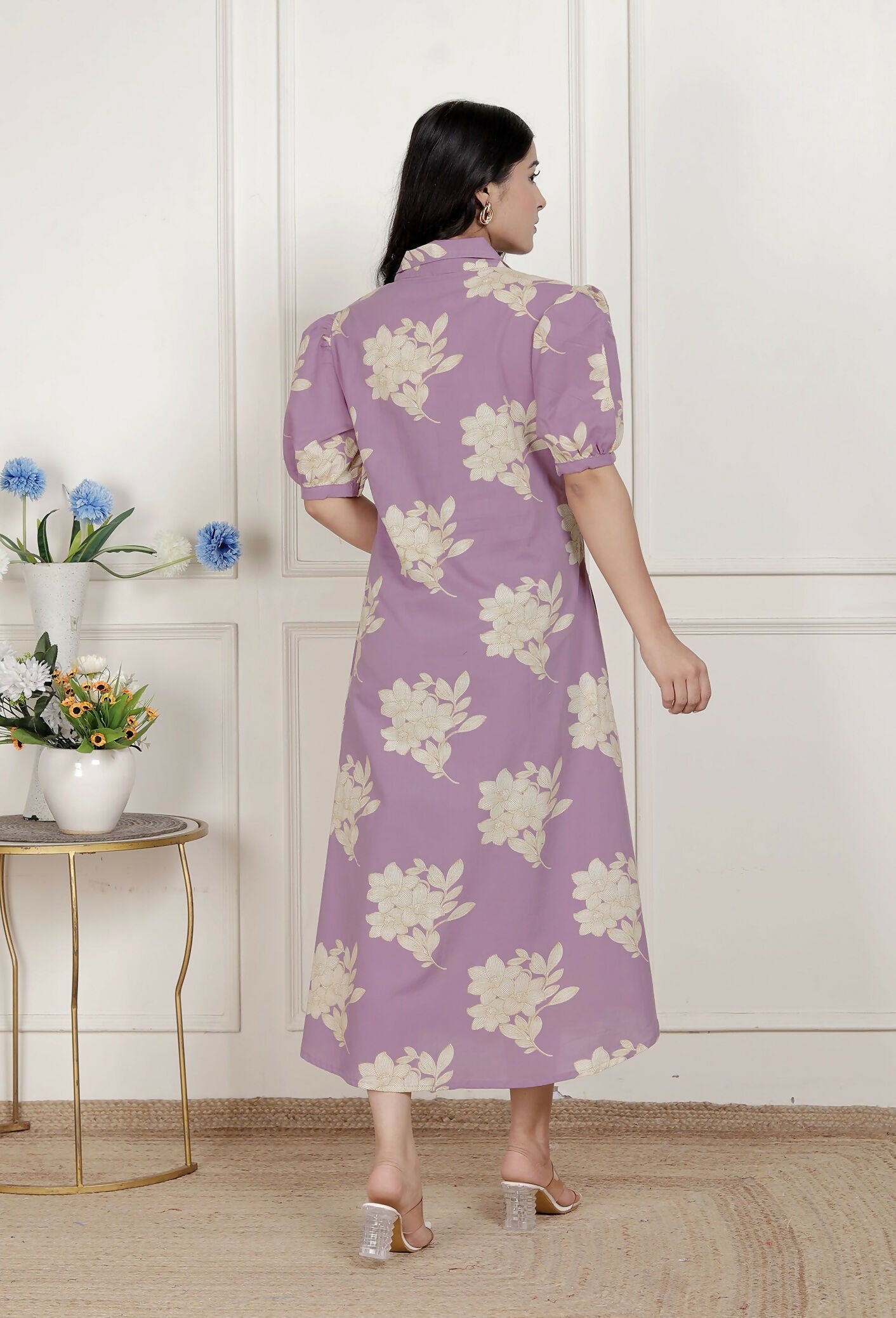 Miravan Womens Lavender Floral Printed A-Line Maxi Dress