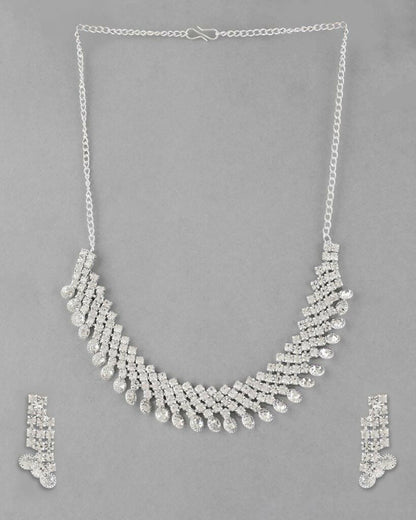 VOJ Silver Plated AD Stone Studded Necklace With Earrings Jewellery Set