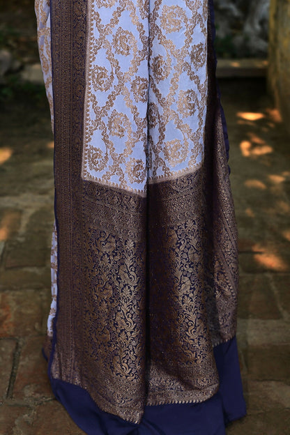 Joban Fashion Pastel Blue Crepe Chiffon Pure Handloom Banarasi Silk Saree