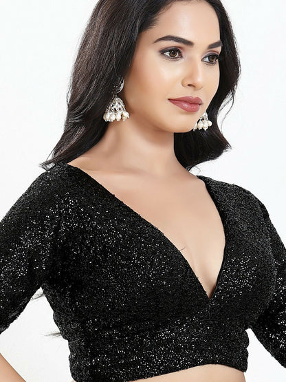 Joban Fashion Black Silk Padded Blouse With V Neck Elbow Sleeves
