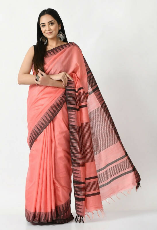 Mominos Fashion Moeza Gajari Pink Bhagalpuri Handloom Silk Black Temple Border Saree with unstitched Blouse piece