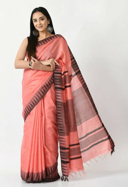 Mominos Fashion Moeza Gajari Pink Bhagalpuri Handloom Silk Black Temple Border Saree with unstitched Blouse piece