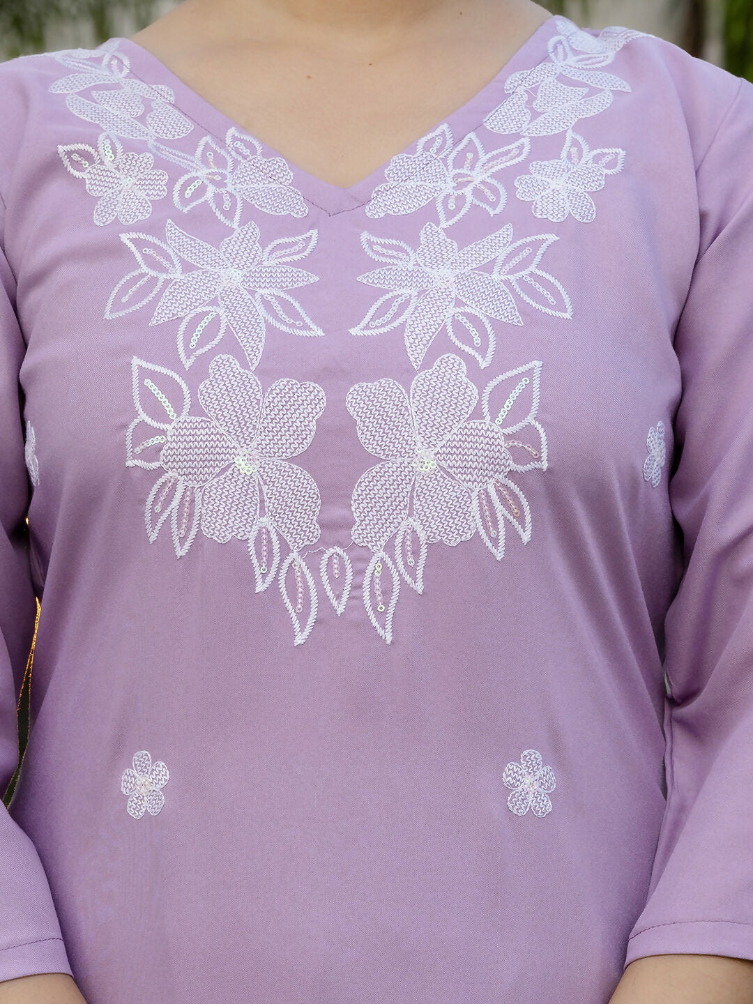 The52 Lavender Women's Beautiful Thread work Rayon Fabric with Straight Kurta, Pant and Dupatta Set