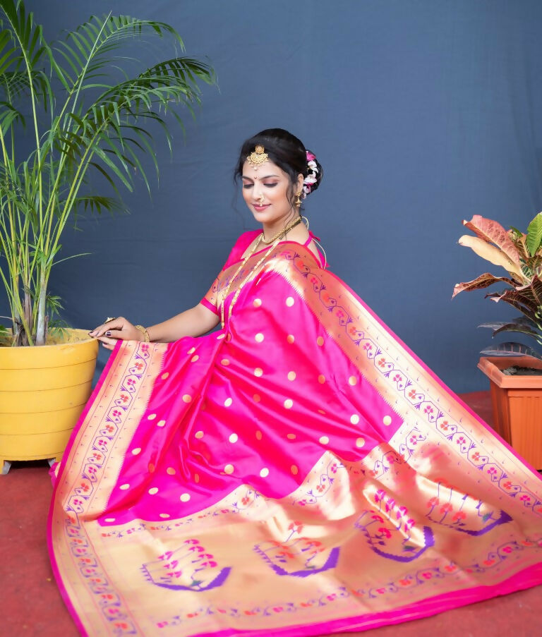 Jyoti Fashion Women's Pink Paithani Silk Zari Woven Saree with Blouse