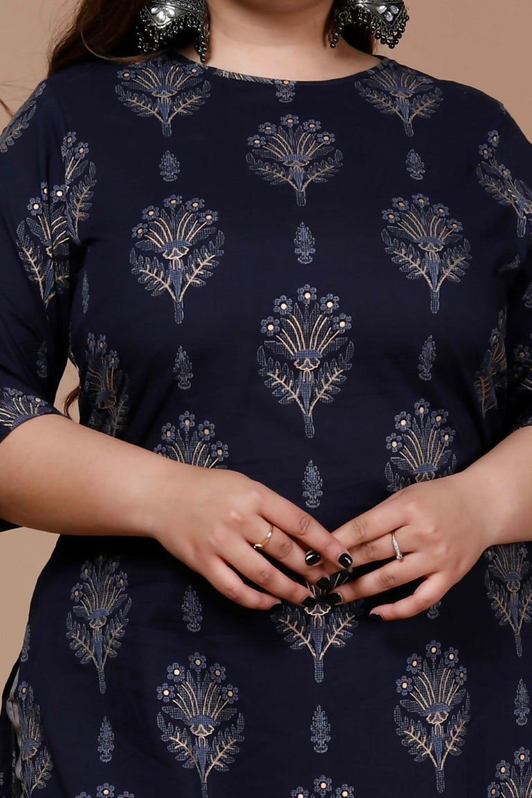 Miravan Women's Plus Size Navy Blue Printed Pure Cotton Kurta With Sharara