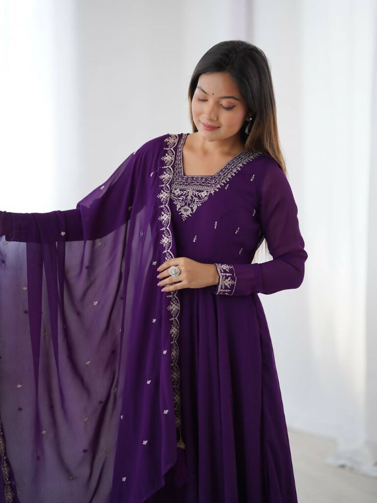 Teeya Creation Purple Color Pure Soft Georgette Embroidery Work Gown