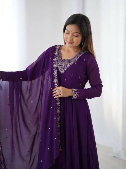Teeya Creation Purple Color Pure Soft Georgette Embroidery Work Gown