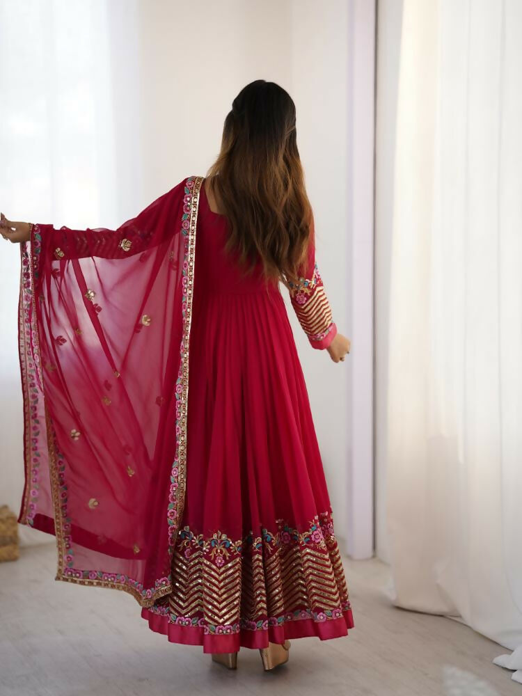 Joban Fashion Red Georgette Sequence Embroidery Work Readymade Kurta Set