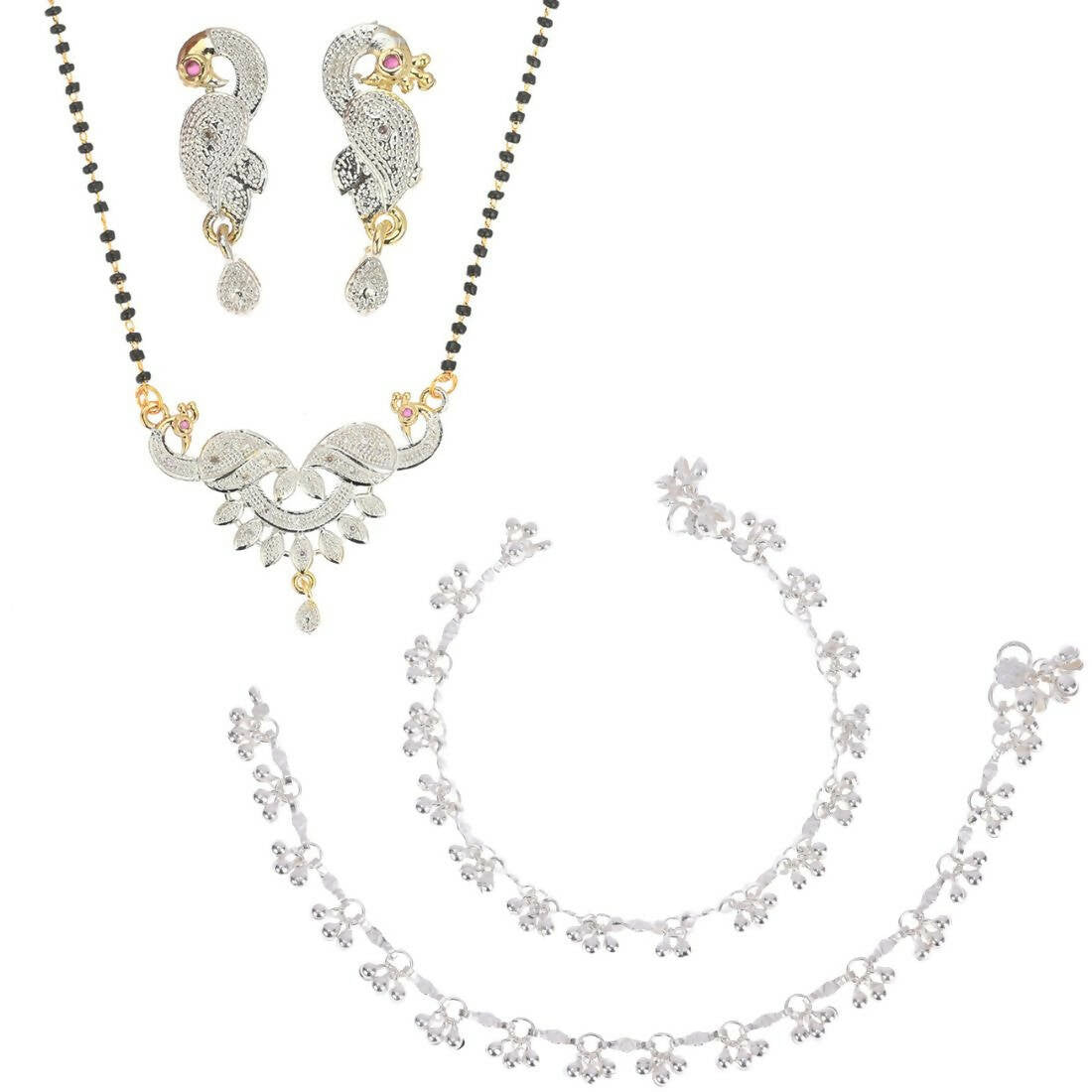 AanyaCentric Gold-Polished Mangalsutra Pendant Earring Set & Silver Plated Anklet