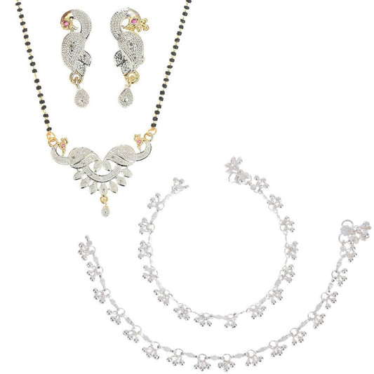 AanyaCentric Gold-Polished Mangalsutra Pendant Earring Set & Silver Plated Anklet