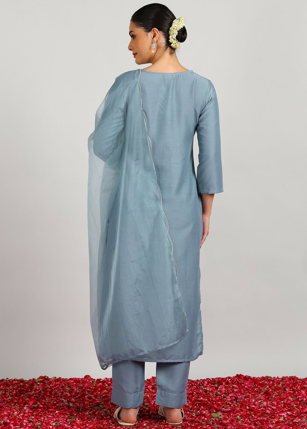 Aavyora Women's Sky Grey Embroidered Kurta Set with Dupatta