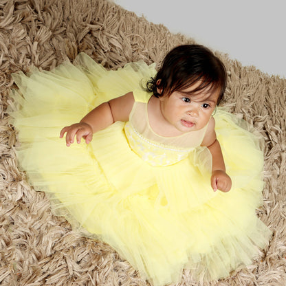 Pink Cow Fashions Yellow Gown With Organza Chest & Net Layer Ghera