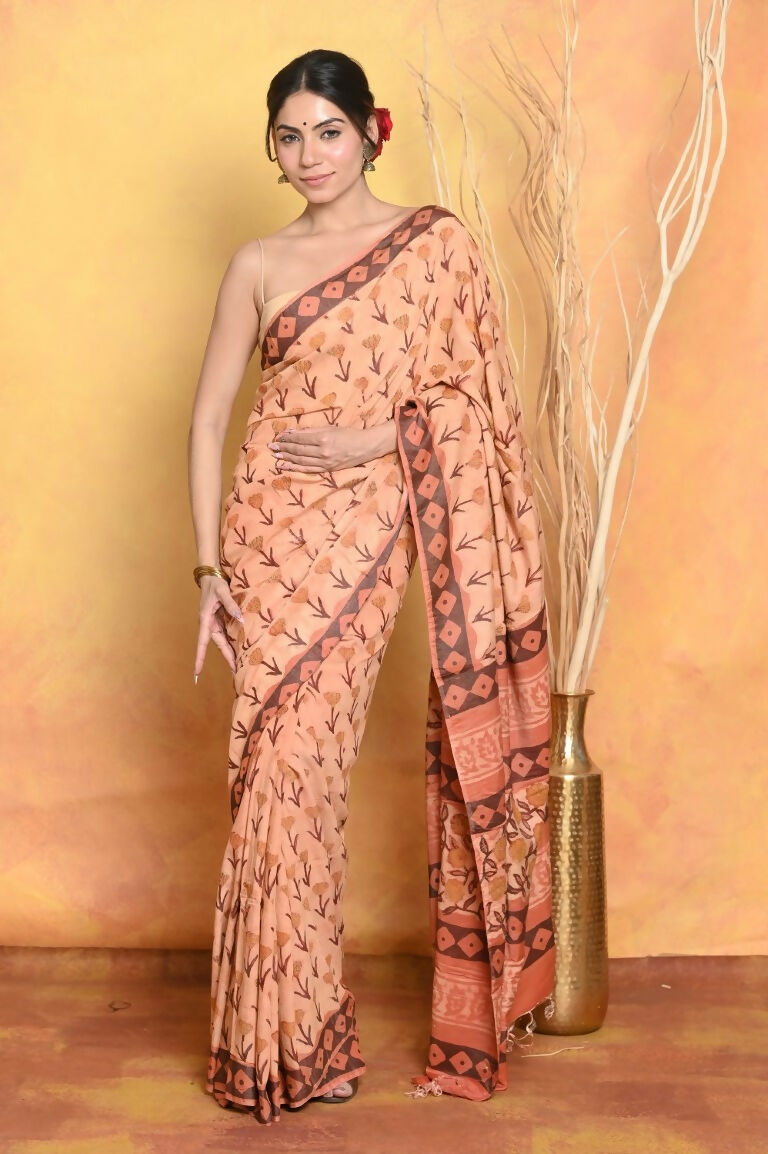 Very Much Indian Designer Modal Silk Saree With With Beautiful Floral Print - Light Orange