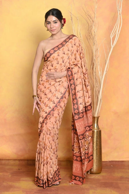 Very Much Indian Designer Modal Silk Saree With With Beautiful Floral Print - Light Orange