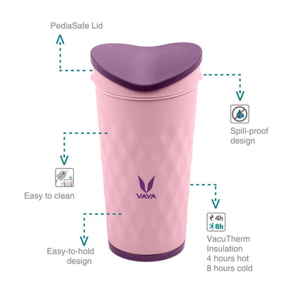 Vaya Drynk Kid'S Stainless Steel Tumbler With Spill-Proof Pediasafe Lid - 350ml (Pink)