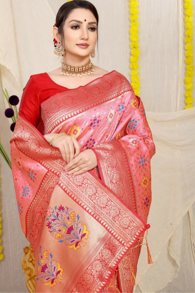 Jyoti Fashion Women's Baby Pink Patola Silk Zari Woven Saree with Blouse