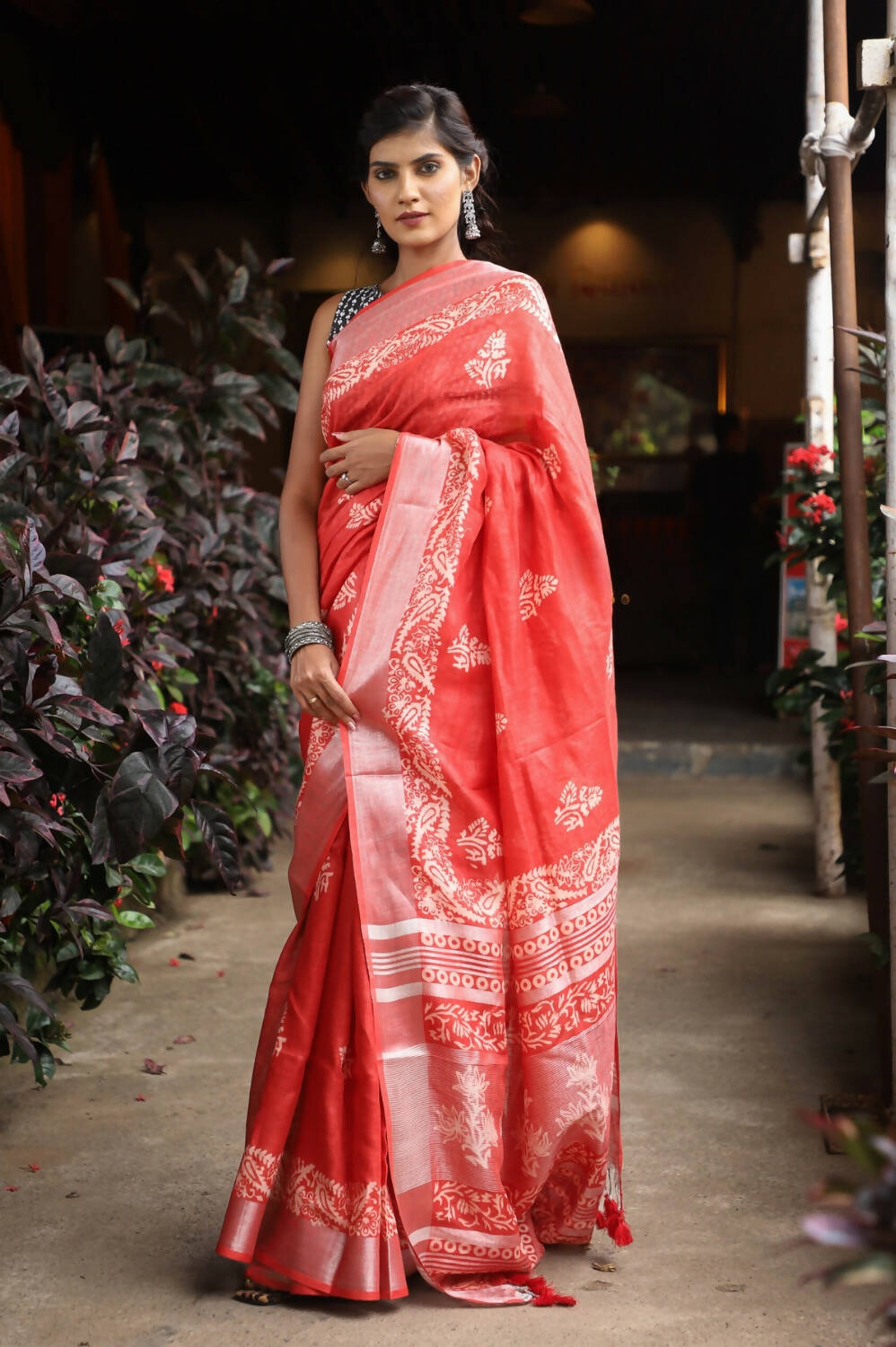 Very Much Indian Organic Linen With Handblock Printing Saree - Red