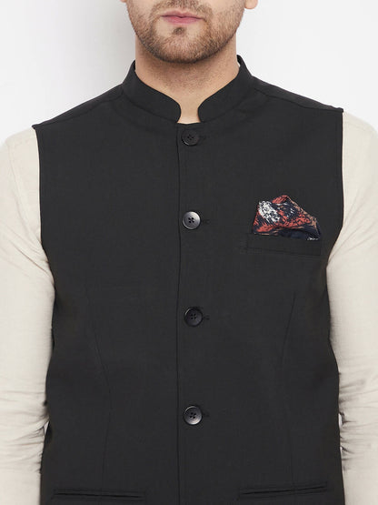 Even Apparels Black Merino Men's Nehru Jacket-Contrast Lining-Inbuilt Pocket Square