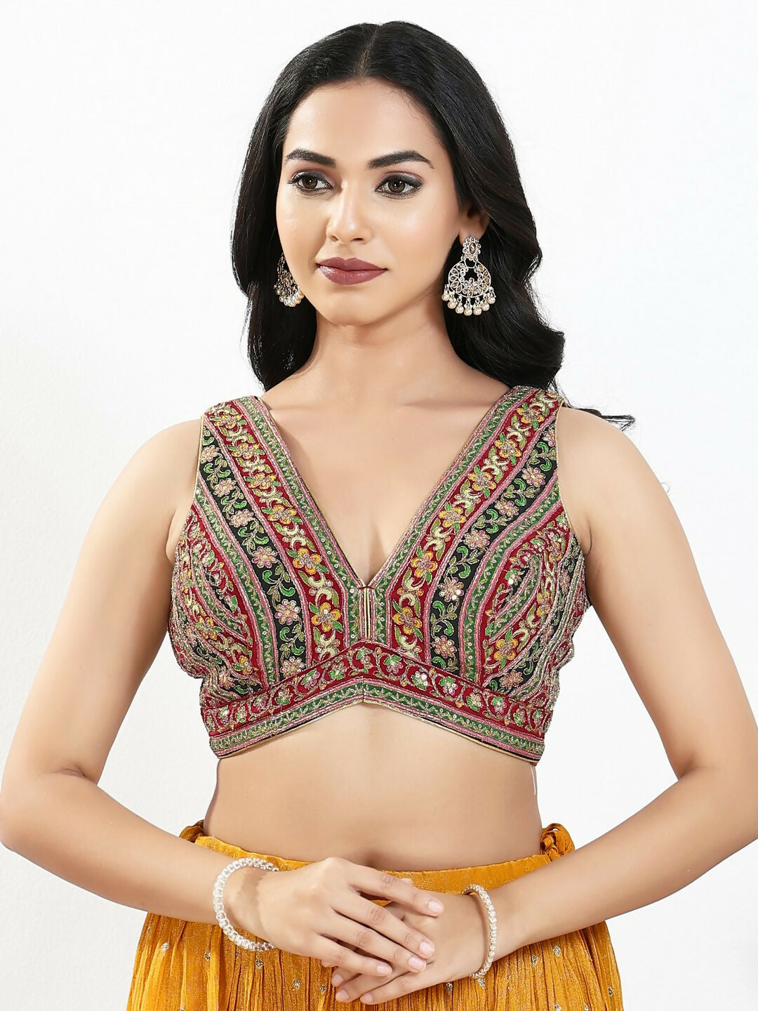 Joban Fashion Maroon Multi Georgette Padded Blouse With V Neck Sleeveless