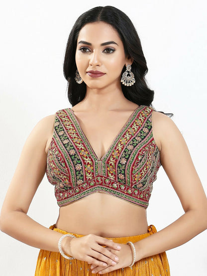 Joban Fashion Maroon Multi Georgette Padded Blouse With V Neck Sleeveless
