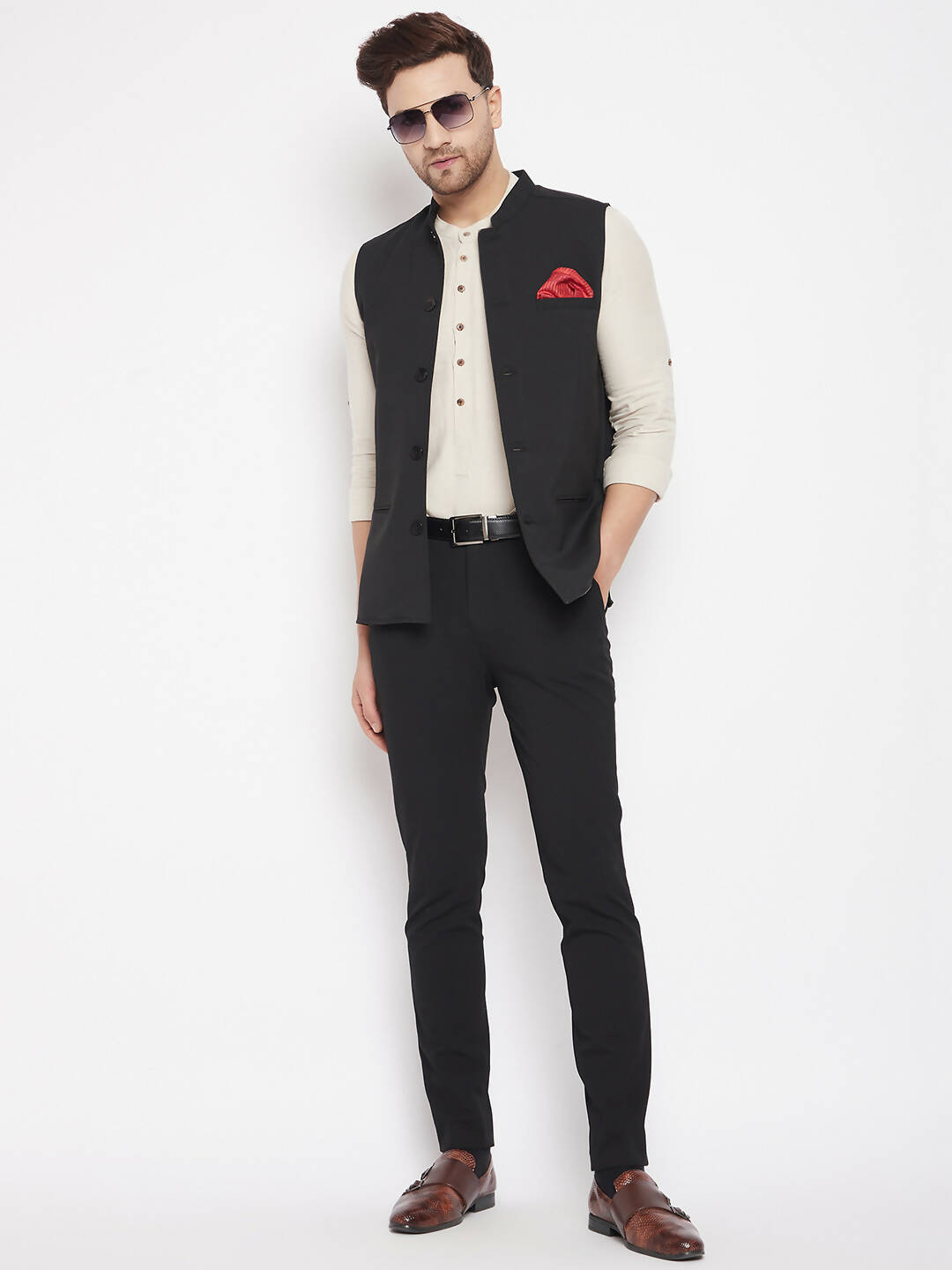 Even Apparels Black Merino Men Woven Nehru Jacket PW668